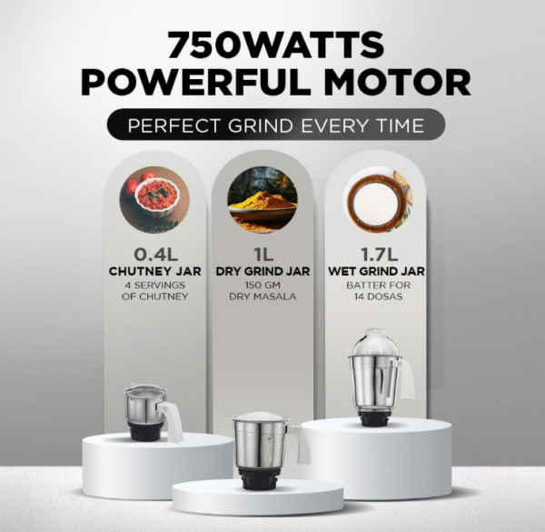 Preethi Popular 750 W Mixer Grinder (MG‑142) – High‑Power, 3 Jars, Stainless Steel - Image 4
