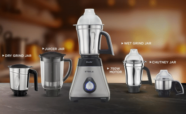 Preethi Steel Supreme MG‑208 750 W Mixer Grinder (Silver–Black) – 4 Stainless‑Steel Jars with Super Extractor & Vega W5 Motor - Image 4
