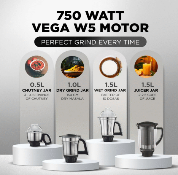 Preethi Steel Supreme MG‑208 750 W Mixer Grinder (Silver–Black) – 4 Stainless‑Steel Jars with Super Extractor & Vega W5 Motor - Image 2