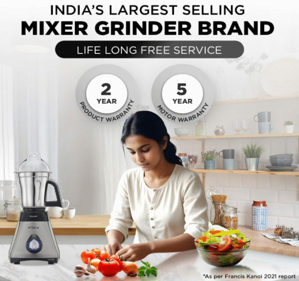 Preethi Steel Supreme MG‑208 750 W Mixer Grinder (Silver–Black) – 4 Stainless‑Steel Jars with Super Extractor & Vega W5 Motor - Image 6