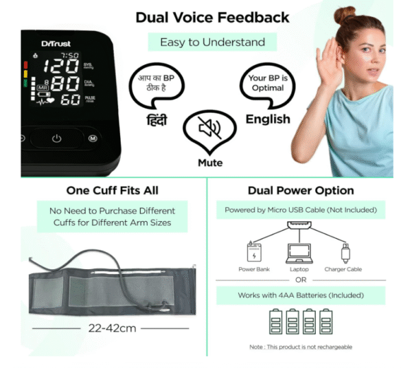 Dr Trust Smart Automatic Digital Blood Pressure Monitor – Dual Talking (Hindi/English), USB & Battery, Extra‑Wide Cuff - Image 3