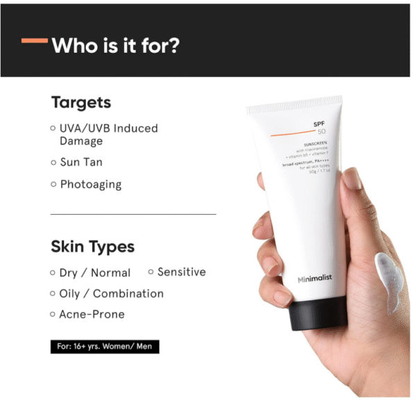Minimalist Lightweight Sunscreen SPF 50 PA++++ – Broad Spectrum UV Protection with Niacinamide & Multivitamins, 50 g - Image 4