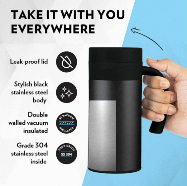 Borosil Cafetime 400ml Vacuum Insulated Travel Mug – Leak-Proof, Stainless Steel, Black - Image 4