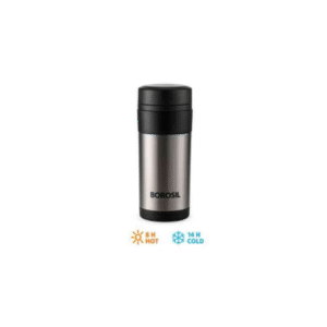 Borosil Travelmate Stainless Steel Vacuum Insulated Flask – 350ml | Leakproof | Rust-Proof | Keeps Beverages Hot & Cold | Silver-Black