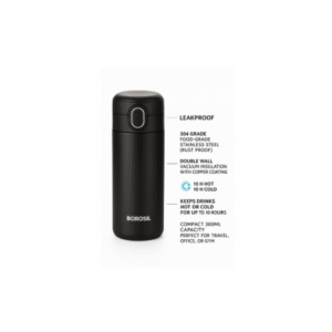 Borosil Traveller Vacuum Insulated Flask – 300ml, Black | Leakproof | Keeps Drinks Hot & Cold | Stainless Steel Travel Mug