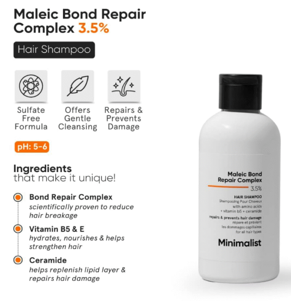 Minimalist Maleic Bond Repair Complex Shampoo – 3.5% Maleic Acid + Ceramide & Coconut Oil (250 ml) - Image 3