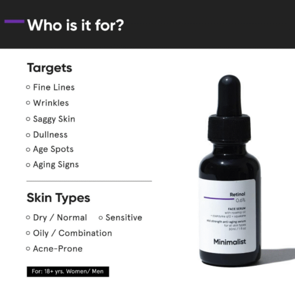 Minimalist 0.6% Retinol Mid-Strength Face Serum – with Coenzyme Q10 & Squalane (30 ml) - Image 3