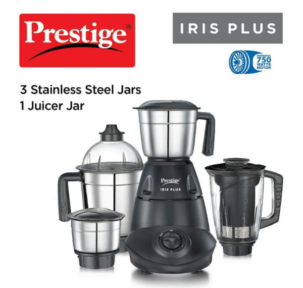 Prestige Iris Plus 750 W Mixer Grinder with 4 Jars (3 Stainless Steel + 1 Juicer Jar), 4 Super‐Efficient Stainless Blades, 2‑Year Warranty