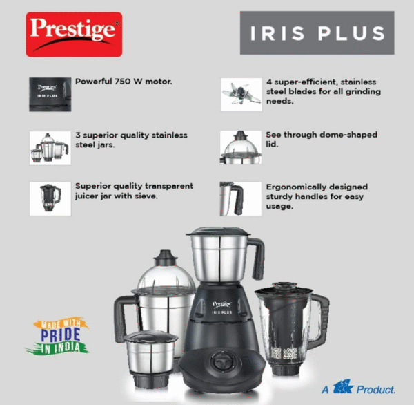 Prestige Iris Plus 750 W Mixer Grinder with 4 Jars (3 Stainless Steel + 1 Juicer Jar), 4 Super‐Efficient Stainless Blades, 2‑Year Warranty - Image 5