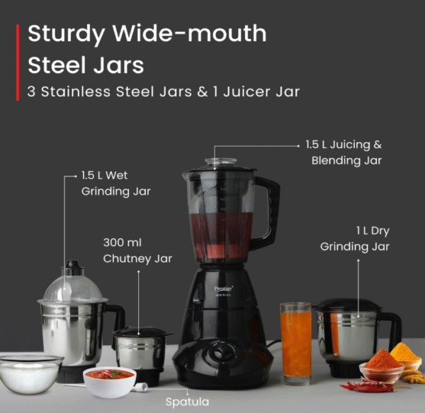 Prestige Iris Plus 750 W Mixer Grinder with 4 Jars (3 Stainless Steel + 1 Juicer Jar), 4 Super‐Efficient Stainless Blades, 2‑Year Warranty - Image 3
