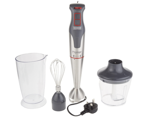Prestige 1200 W Stainless Steel Hand Blender with Chopper, Whisk & Measuring Cup – 6 Titanium Blades, Model PR81503, 1-Year Warranty