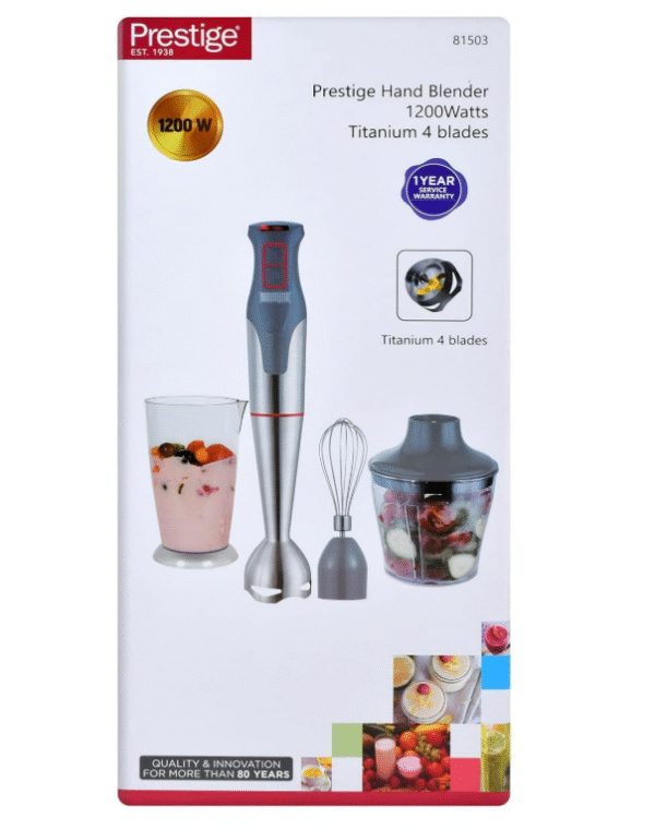 Prestige 1200 W Stainless Steel Hand Blender with Chopper, Whisk & Measuring Cup – 6 Titanium Blades, Model PR81503, 1-Year Warranty - Image 2