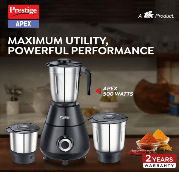 Prestige Apex 500 W Mixer Grinder – 3 Stainless Steel Jars - Image 4