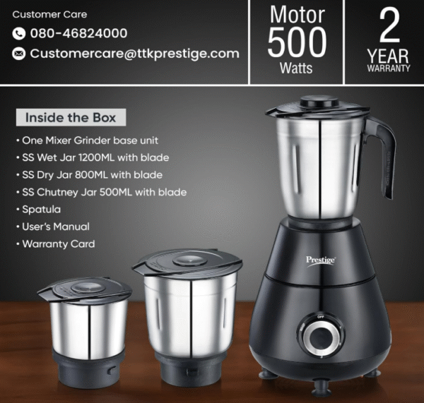 Prestige Apex 500 W Mixer Grinder – 3 Stainless Steel Jars - Image 2