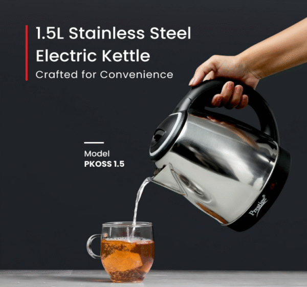 Prestige PKOSS 1500 W Electric Kettle – 1.5 L Stainless Steel, Single-Touch Lid, 360° Swivel Base - Image 5