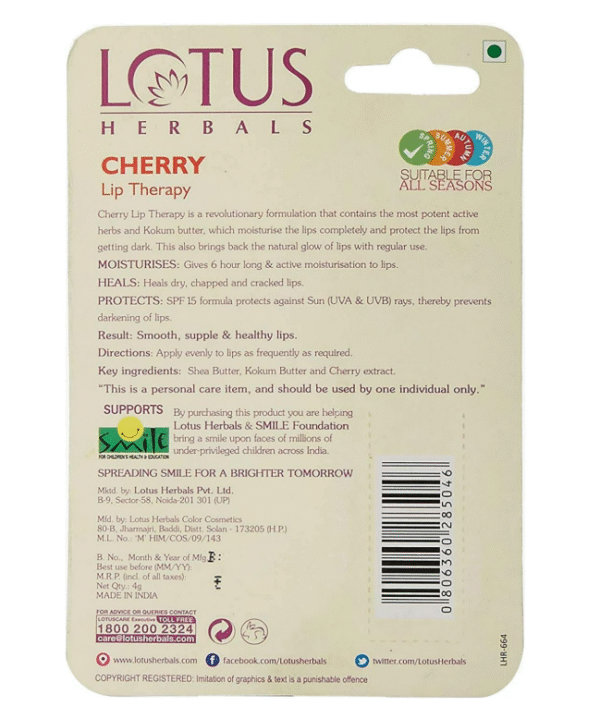 Lotus Herbals Lip Therapy Cherry – 4 g Lip Balm - Image 3