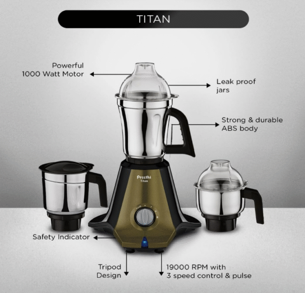 Preethi Titan Mixer Grinder – 1000 W, 3 Stainless Steel Jars (Model MG‑283) - Image 3