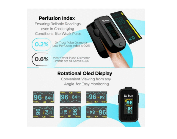 Dr Trust Signature Series Finger Tip Pulse Oximeter – Audio & Visual Alarm – Midnight Black